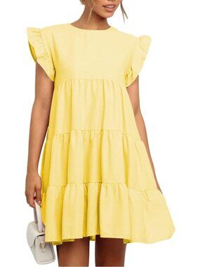 Women's Yellow Casual Ruffle Sleeve Round Neck Solid Loose Fit Shift Mini Dress